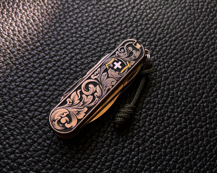 58 mm Victorinox custom hand engraved titanium scales with silver and 24k gold inlay