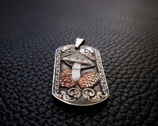 “Silver Mushroom” Hand engraved titanium pendant