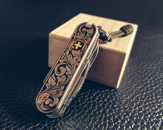 58 mm Victorinox custom hand engraved titanium scales with silver and 24k gold inlay
