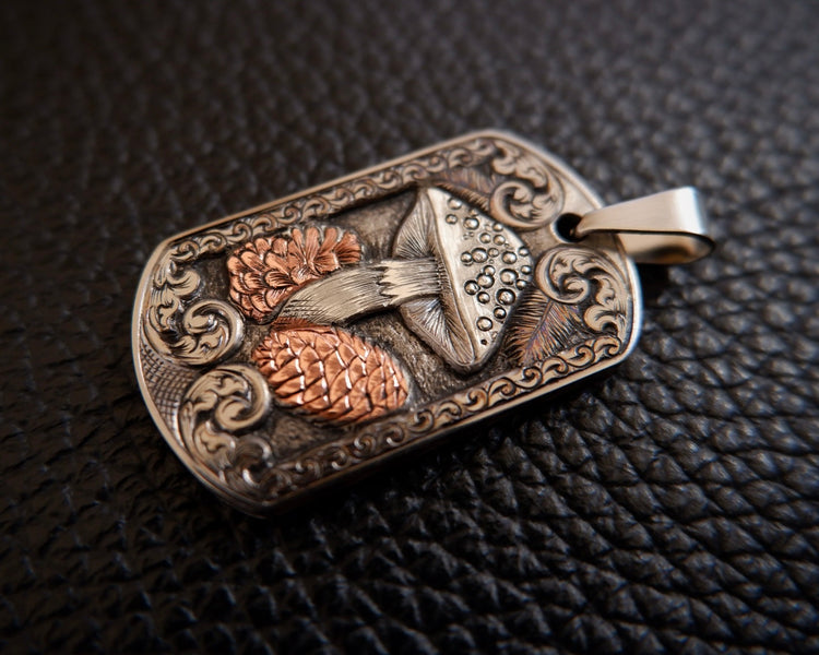 “Silver Mushroom” Hand engraved titanium pendant