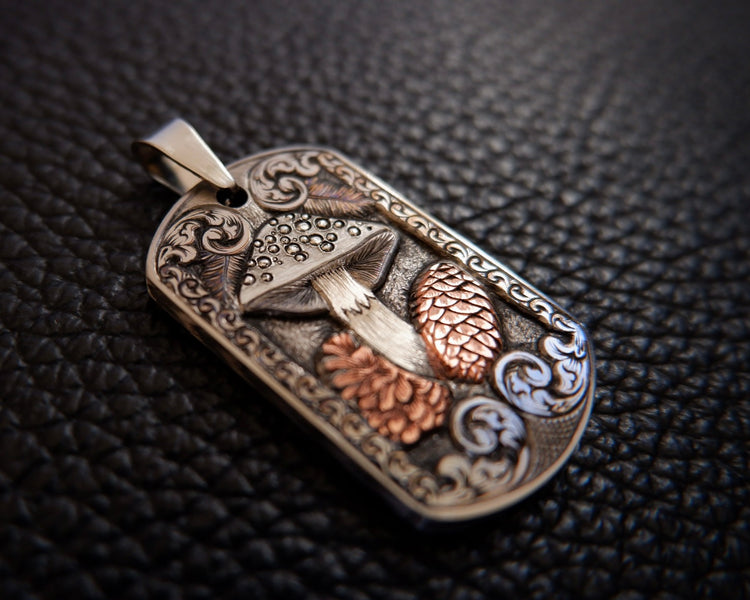“Silver Mushroom” Hand engraved titanium pendant
