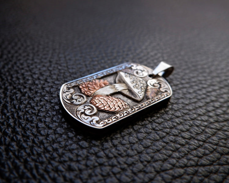 “Silver Mushroom” Hand engraved titanium pendant